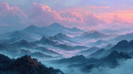 panoramic mist-covered mountains under pastel dawn sky, realistic landscape 