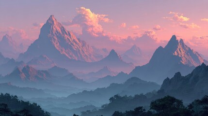 panoramic mist-covered mountains under pastel dawn sky, realistic landscape 