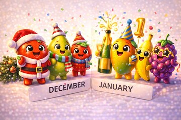 Anthropomorphic fruit calendar scene, December fruits in Christmas outfits transforming into New Year party attire, smooth glossy surfaces, rounded 3D bodies, soft glow lighting