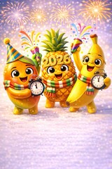 Anthropomorphic fruits celebrating New Year countdown, mango, pineapple, banana holding party poppers and clocks, joyful expressions, glossy textures, rounded 3D depth, sparkling lights