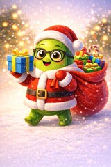 Santa Claus avocado delivering Christmas gifts, avocado wearing Santa suit, sack of presents, glossy green texture, rounded 3D body, soft snowfall effect, warm festive lighting, clean bright backgroun