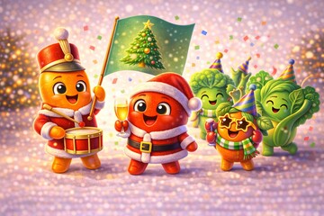 Vegetable parade celebrating holidays, carrot drummer, tomato flag bearer, leafy greens dancing, festive costumes, glossy textures, rounded 3D depth, warm lighting, clean background, joyful holidays