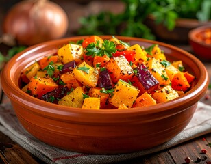 Close-up of roasted colorful vegetables in a rustic ceramic bowl