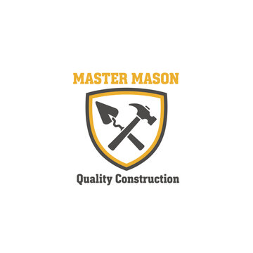 Master Mason logo featuring crossed hammer and trowel inside a shield, symbolizing quality construction, craftsmanship, strength, and professional masonry services.