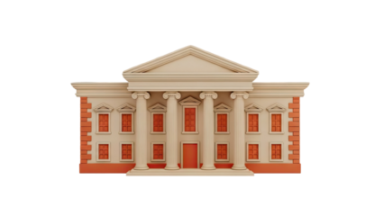 3D Classical Building with Columns and Red Windows on transparent background
