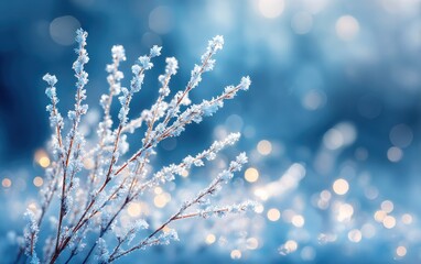 Close up of frosted branches against a blurred blue and white background