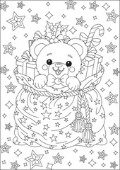 Fototapeta premium Santa Bag Christmas Gifts Coloring Page For Kids Line Art Vector