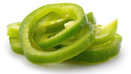 Close up of freshly sliced green bell pepper rings isolated on white