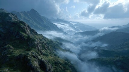 peaceful fog sea covering mountain valleys, ultra realistic