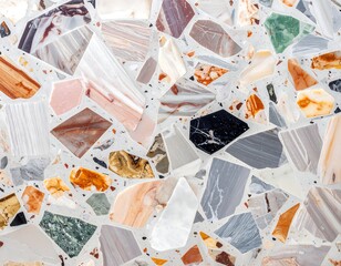 Close-up of terrazzo surface showing colorful fragments embedded in matrix