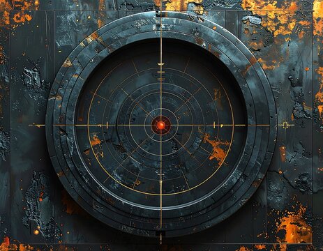 Close-up of a circular aiming device with a central red dot, set against a distressed, metallic background. The device features crosshairs