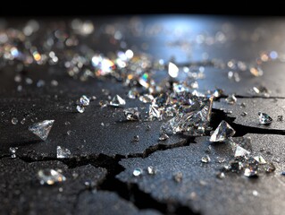 Close up of scattered diamonds and cracks on dark surface with sparkle