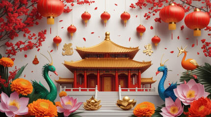 Vibrant Chinese New Year scene with a traditional temple, red lanterns, cherry blossoms, golden charms, and colorful fantasy birds amidst lotus flowers