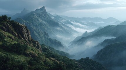 peaceful fog sea covering mountain valleys, ultra realistic