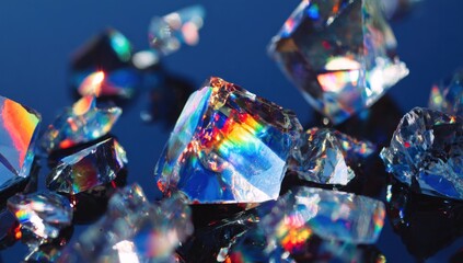 Close up of sparkling gemstones with a vibrant display of rainbow reflections