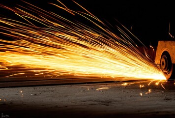 Close up of sparks produced by an industrial grinder during manufacturing