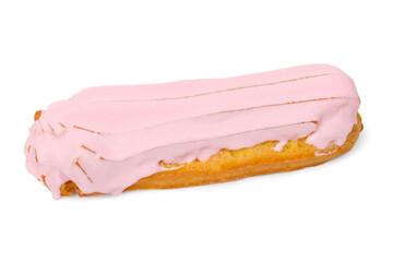 Custard cake with pink icing on a white background. Pink cream cake close-up