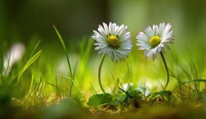 Close up of two daisies in vibrant green grass natural sunlight bokeh effect