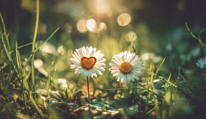 Close up of two daisies with heart shaped center in natural sunlight