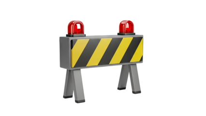 3D Construction barrier with flashing lights on transparent background
