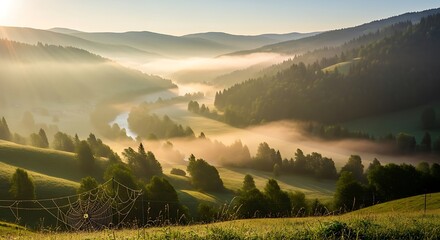 Rolling hills with misty morning landscape.