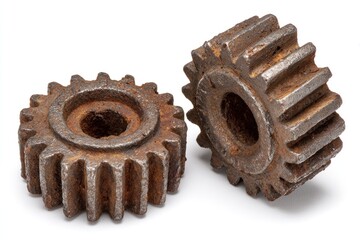 Close up of two old metal gears isolated on a white background