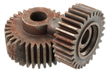 Close up of two rusty metal gears isolated on a white background