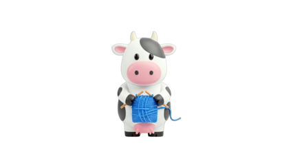 3D Cute cartoon cow knitting a blue yarn ball on transparent background