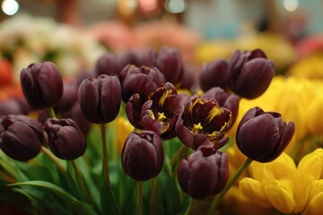 Close up of vibrant dark purple tulips with yellow flowers in background