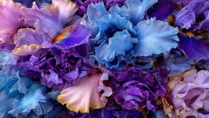 Close up of vibrant iris flowers with a spectrum of colors and intricate details
