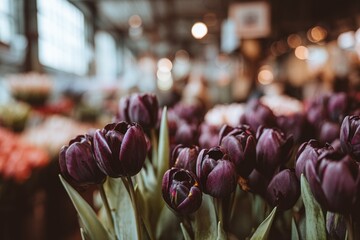 Close up of vibrant purple tulips in a floral arrangement with bokeh