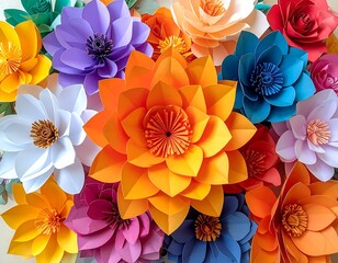 Close-up view of a vibrant assortment of layered paper flowers
