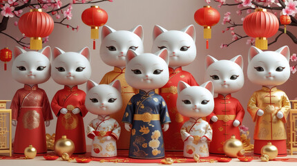 Adorable feline characters in vibrant traditional attire gathered for a joyful cultural celebration amidst blossoming cherry trees and festive lanterns, embodying prosperity and happiness