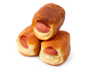 Three homemade sausages in dough on a white background. Baked sausages in dough close-up
