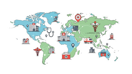 Global Healthcare Network Map with Medical Icons and Locations