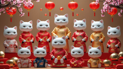 A charming assembly of numerous white cat figurines adorned in traditional festive attire, surrounded by auspicious red lanterns and cherry blossoms, celebrating a prosperous Lunar New Year
