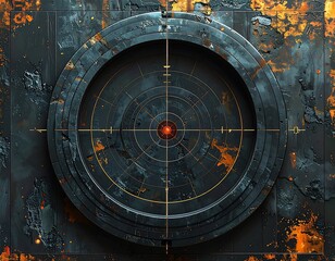 Close-up of a circular aiming device with a central red dot, set against a distressed, metallic background. The device features crosshairs