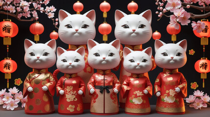 Adorable Cats in Traditional Chinese Attire Celebrate Lunar New Year with Festive Decorations