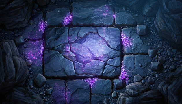 Dark stone tiles texture embedded with glowing purple amethyst crystals for game background