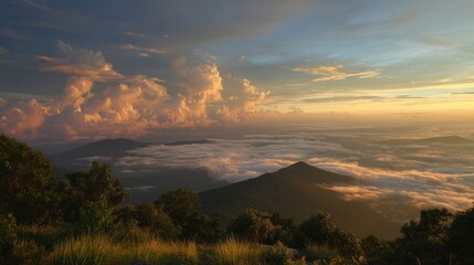 quiet mountain morning with sea of clouds and golden sky, peaceful mood, no people