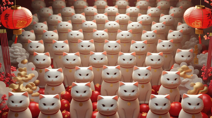 A mesmerizing collection of traditional lucky beckoning cats, meticulously arranged to symbolize a powerful surge of good fortune, prosperity, and celebratory abundance