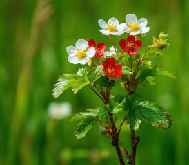 Close up of wild strawberry flowers blooming with white and red petals