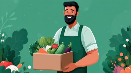 A man stands in a garden holding a box filled with fresh vegetables. He wears a green apron and smiles at the viewer. Green plants and colorful vegetables surround him.