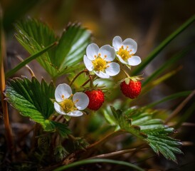 Close up of wild strawberry plant with flowers and ripe fruit