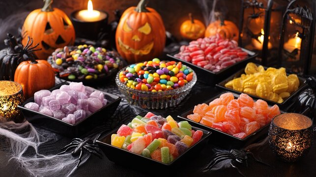 Dark-style Halloween candy display, colorful candies in black trays, pumpkin-shaped candies, spider web decorations, dark background with warm light