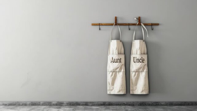 Two aprons labeled "Aunt" and "Uncle" hang by wooden hooks on gray wall