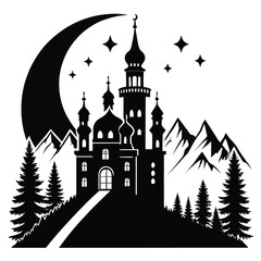 Black and white castle silhouette on mountain landscape