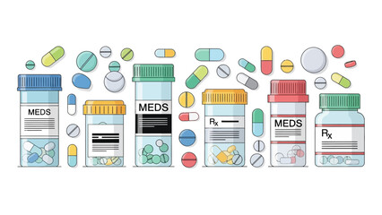 Obraz premium Colorful Illustration of Various Medicine Bottles and Pills