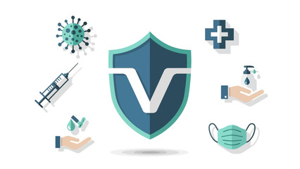 Healthcare protection icons with shield, syringe, and mask illustration