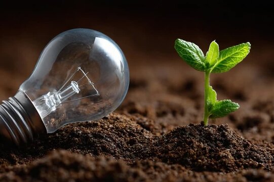 The Symbiotic Spark: A lightbulb and a seedling sprout coexist on fertile soil. Symbolizing the interconnectedness of innovation and growth, a beacon of hope for a sustainable future.